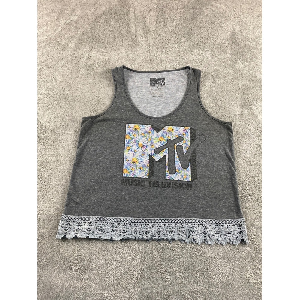 MTV‎ Music Television Floral Logo Graphic Tank Top Grey Lace Trim Womens Medium